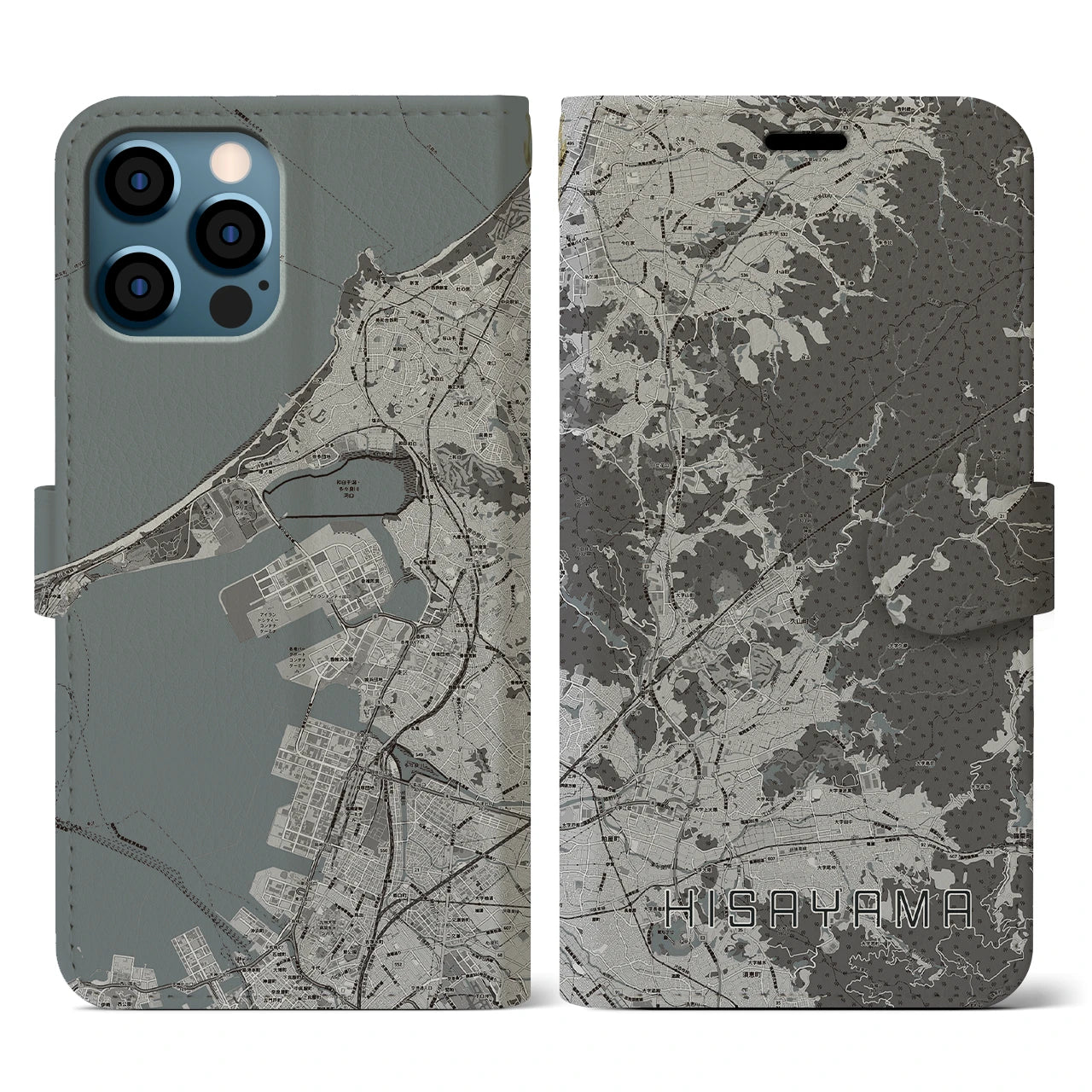 【久山(福岡県)】地図柄iPhoneケース(手帳タイプ)モノトーン・iPhone 12 / 12 Pro 用