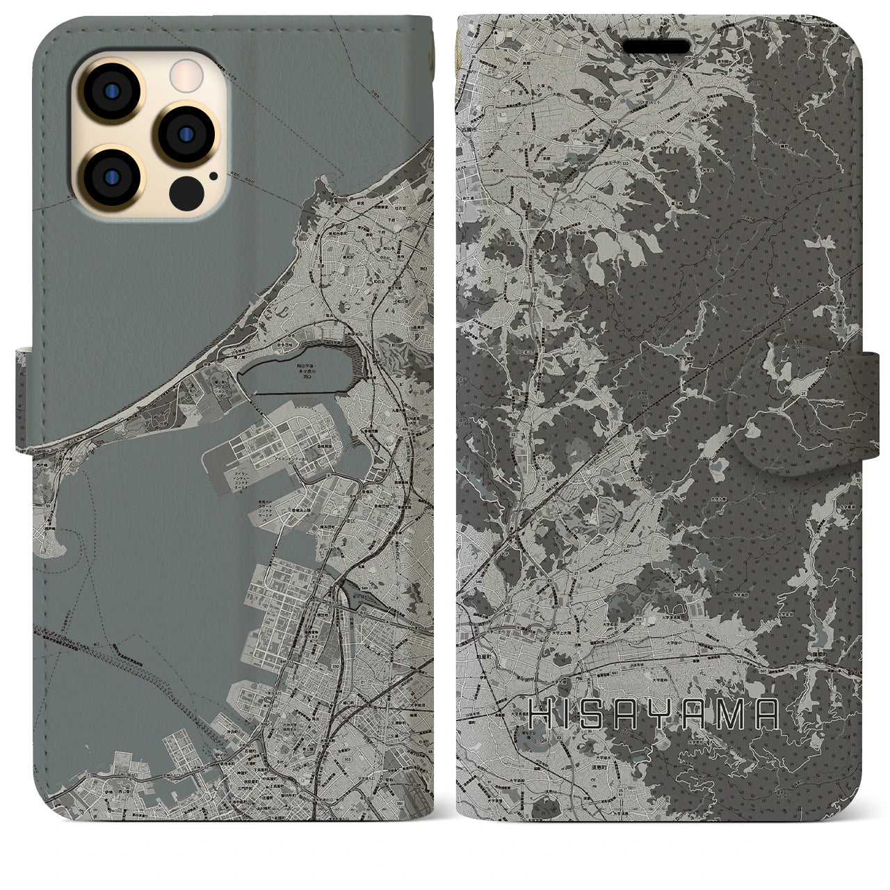 【久山(福岡県)】地図柄iPhoneケース(手帳タイプ)モノトーン・iPhone 12 Pro Max 用