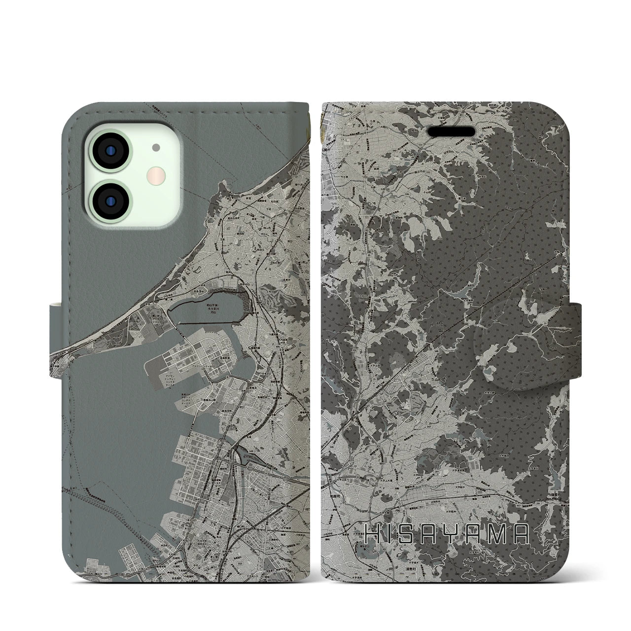 【久山(福岡県)】地図柄iPhoneケース(手帳タイプ)モノトーン・iPhone 12 mini 用