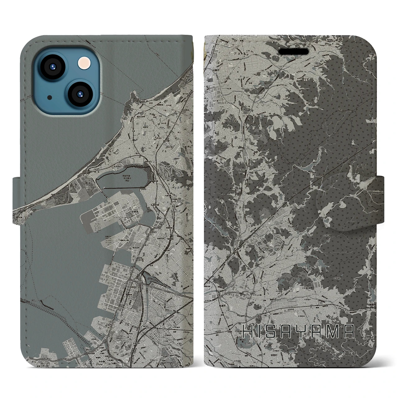 【久山(福岡県)】地図柄iPhoneケース(手帳タイプ)モノトーン・iPhone 13 用