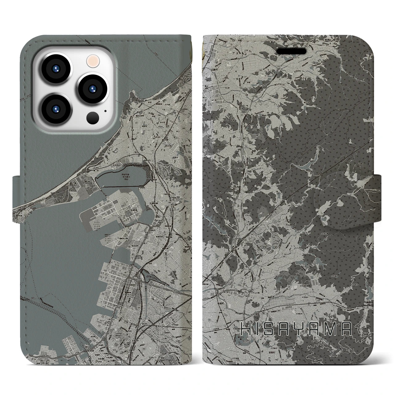 【久山(福岡県)】地図柄iPhoneケース(手帳タイプ)モノトーン・iPhone 13 Pro 用