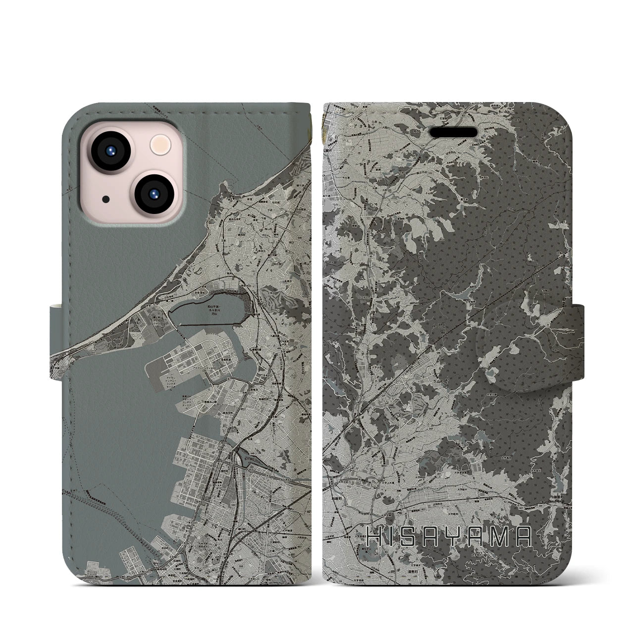 【久山(福岡県)】地図柄iPhoneケース(手帳タイプ)モノトーン・iPhone 13 mini 用