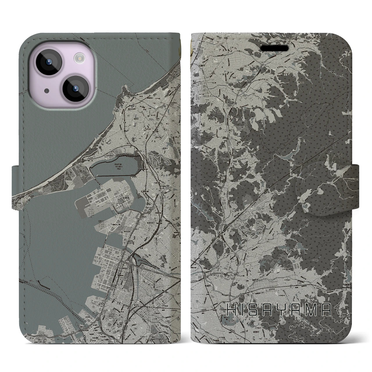 【久山(福岡県)】地図柄iPhoneケース(手帳タイプ)モノトーン・iPhone 14 用