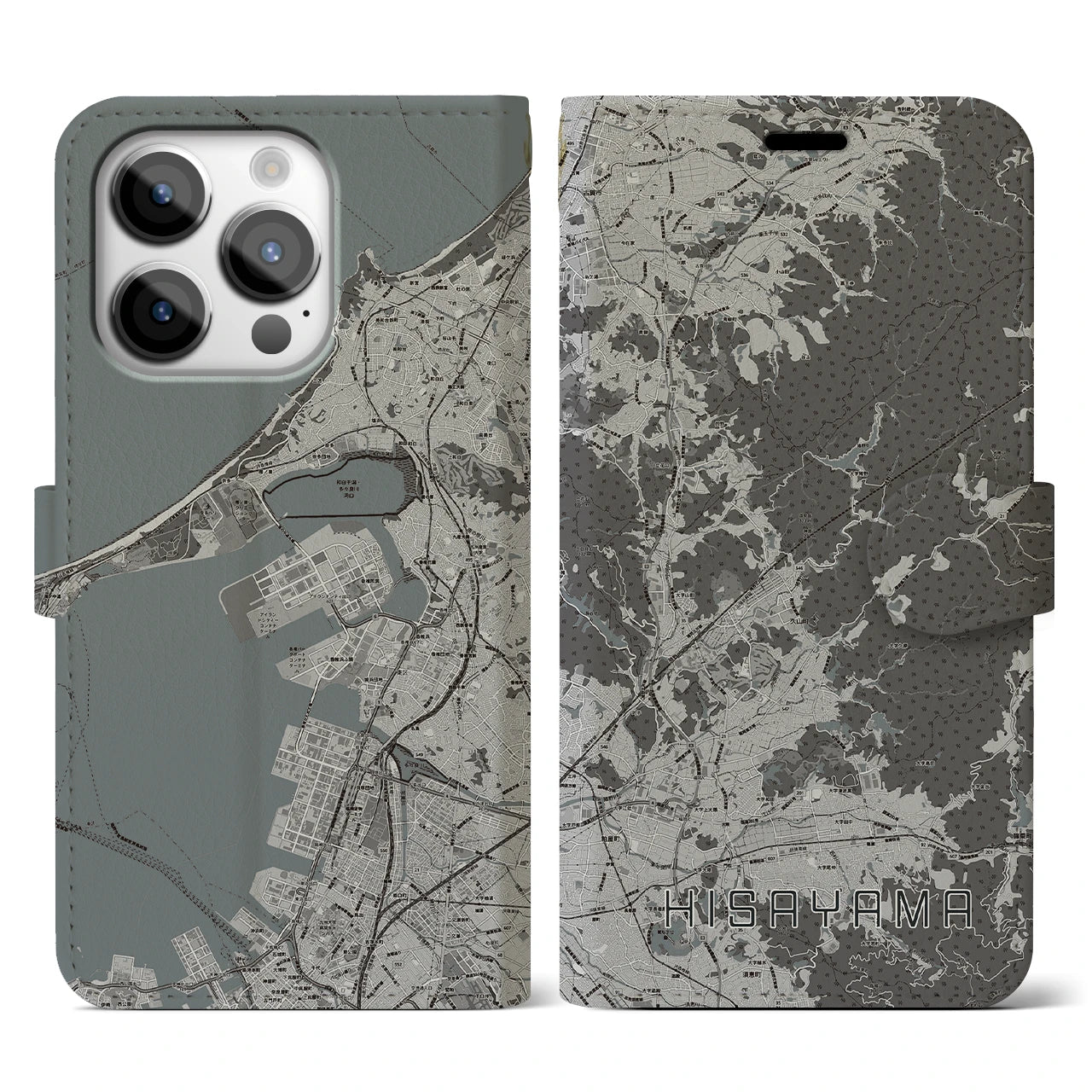 【久山(福岡県)】地図柄iPhoneケース(手帳タイプ)モノトーン・iPhone 14 Pro 用