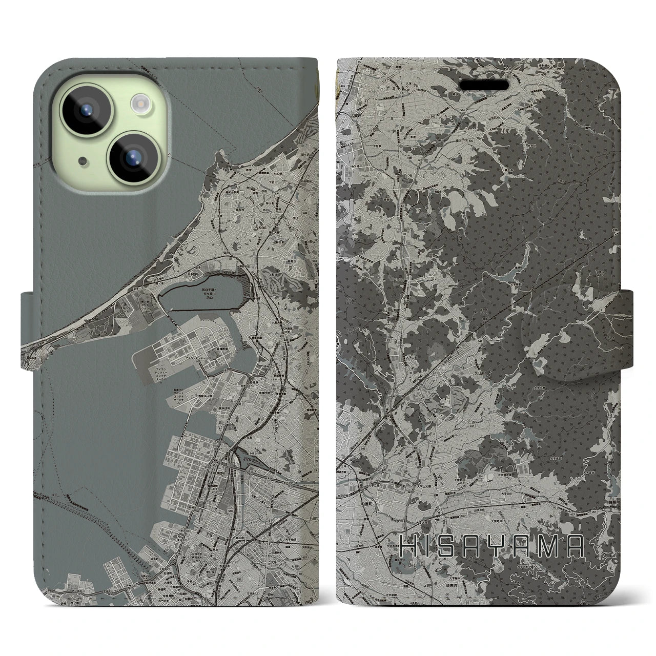 【久山(福岡県)】地図柄iPhoneケース(手帳タイプ)モノトーン・iPhone 15 用