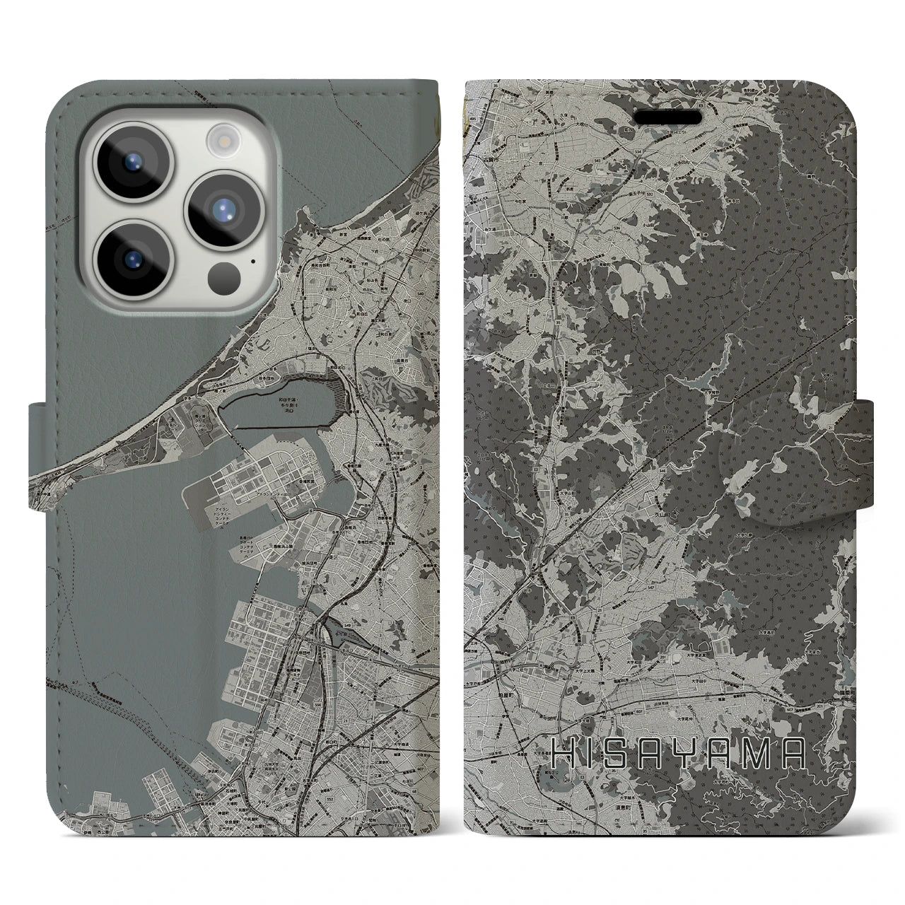 【久山(福岡県)】地図柄iPhoneケース(手帳タイプ)モノトーン・iPhone 15 Pro 用