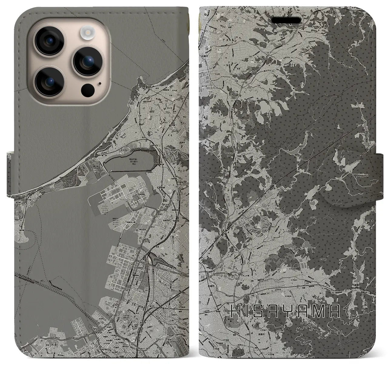 【久山(福岡県)】地図柄iPhoneケース(手帳タイプ)モノトーン・iPhone 16 Plus 用