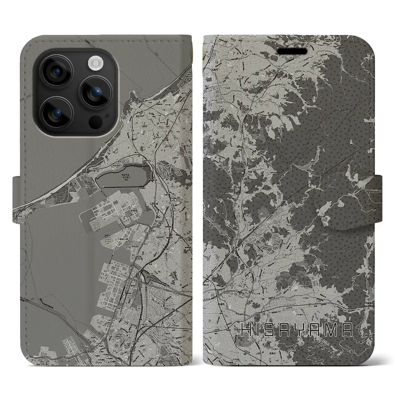 【久山(福岡県)】地図柄iPhoneケース(手帳タイプ)モノトーン・iPhone 16 用