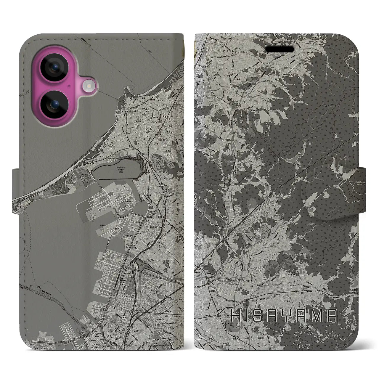 【久山(福岡県)】地図柄iPhoneケース(手帳タイプ)モノトーン・iPhone 16 Pro 用