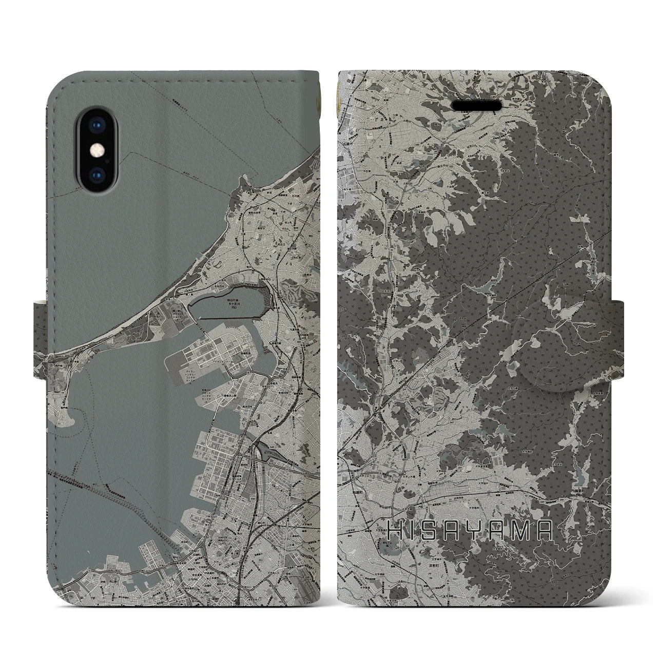 【久山(福岡県)】地図柄iPhoneケース(手帳タイプ)モノトーン・iPhone XS / X 用