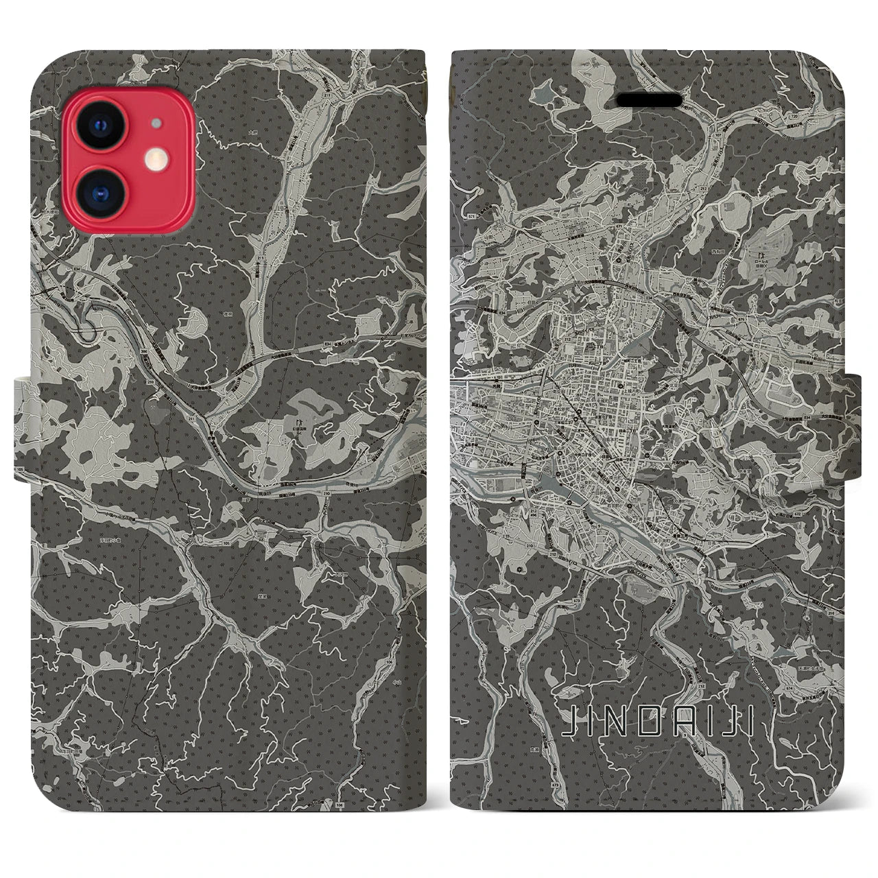 【日田2(大分県)】地図柄iPhoneケース(手帳タイプ)モノトーン・iPhone 11 用