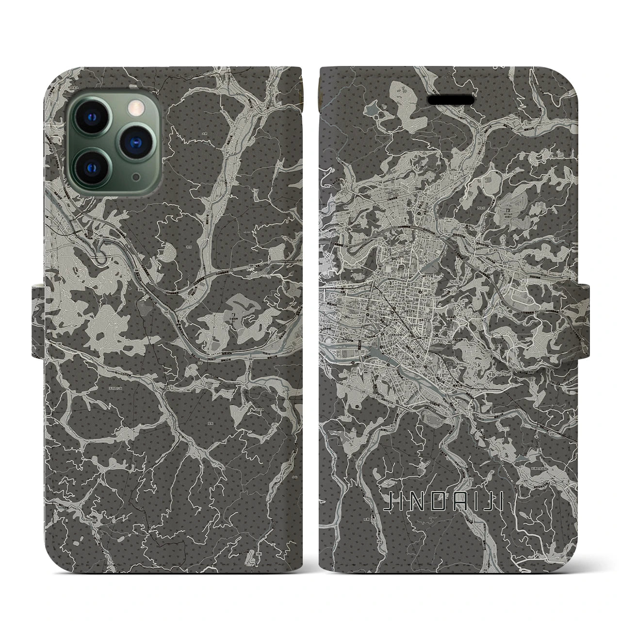 【日田2(大分県)】地図柄iPhoneケース(手帳タイプ)モノトーン・iPhone 11 Pro 用