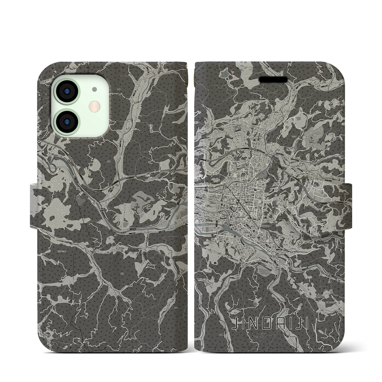 【日田2(大分県)】地図柄iPhoneケース(手帳タイプ)モノトーン・iPhone 12 mini 用