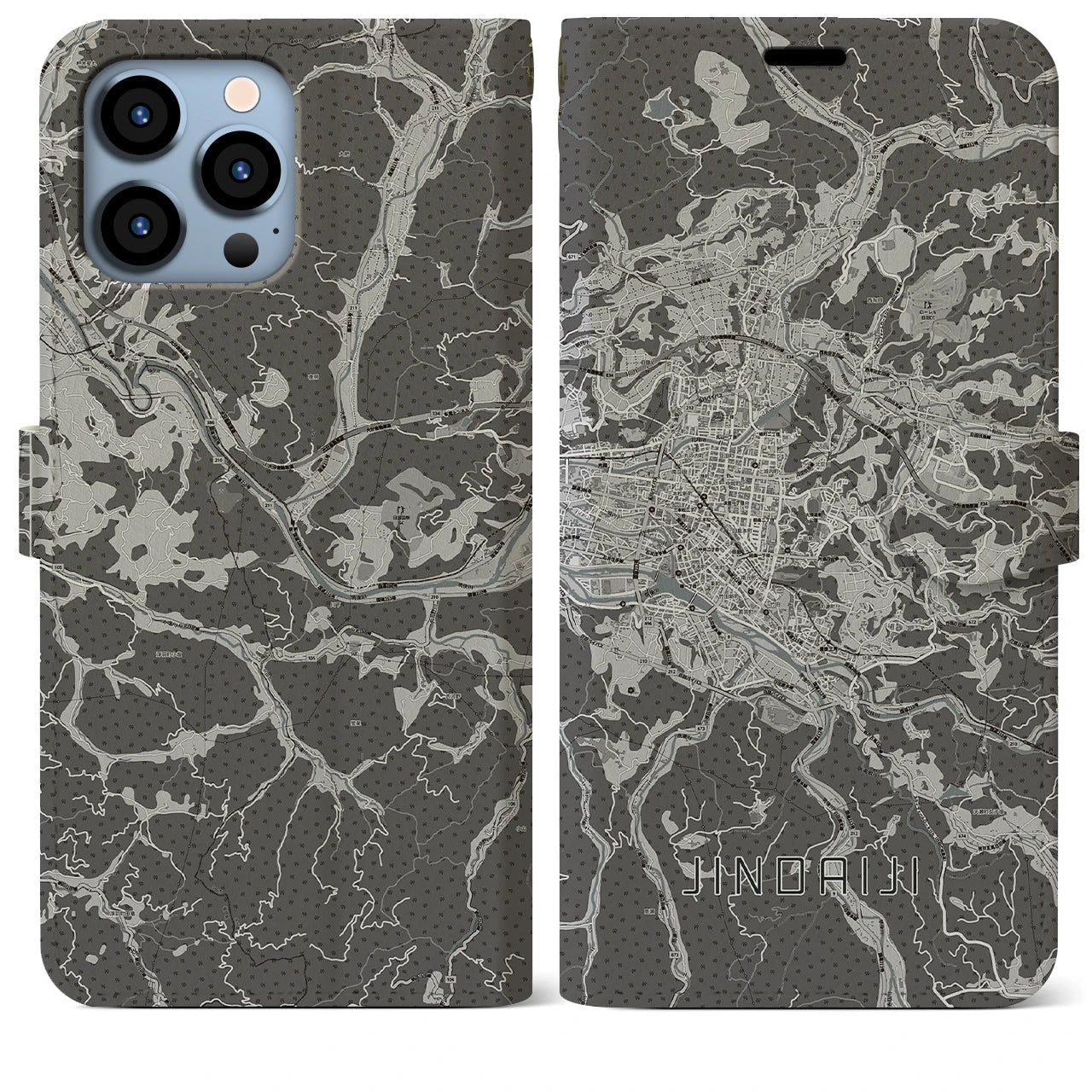 【日田2(大分県)】地図柄iPhoneケース(手帳タイプ)モノトーン・iPhone 13 Pro Max 用