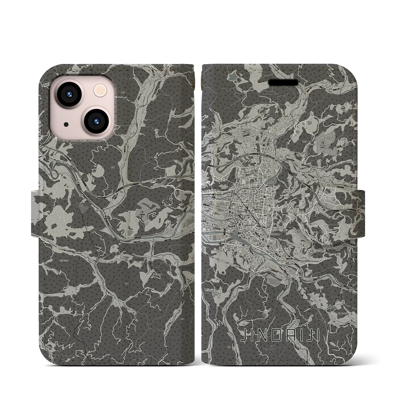 【日田2(大分県)】地図柄iPhoneケース(手帳タイプ)モノトーン・iPhone 13 mini 用