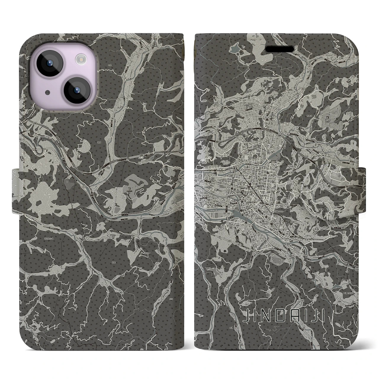 【日田2(大分県)】地図柄iPhoneケース(手帳タイプ)モノトーン・iPhone 14 用