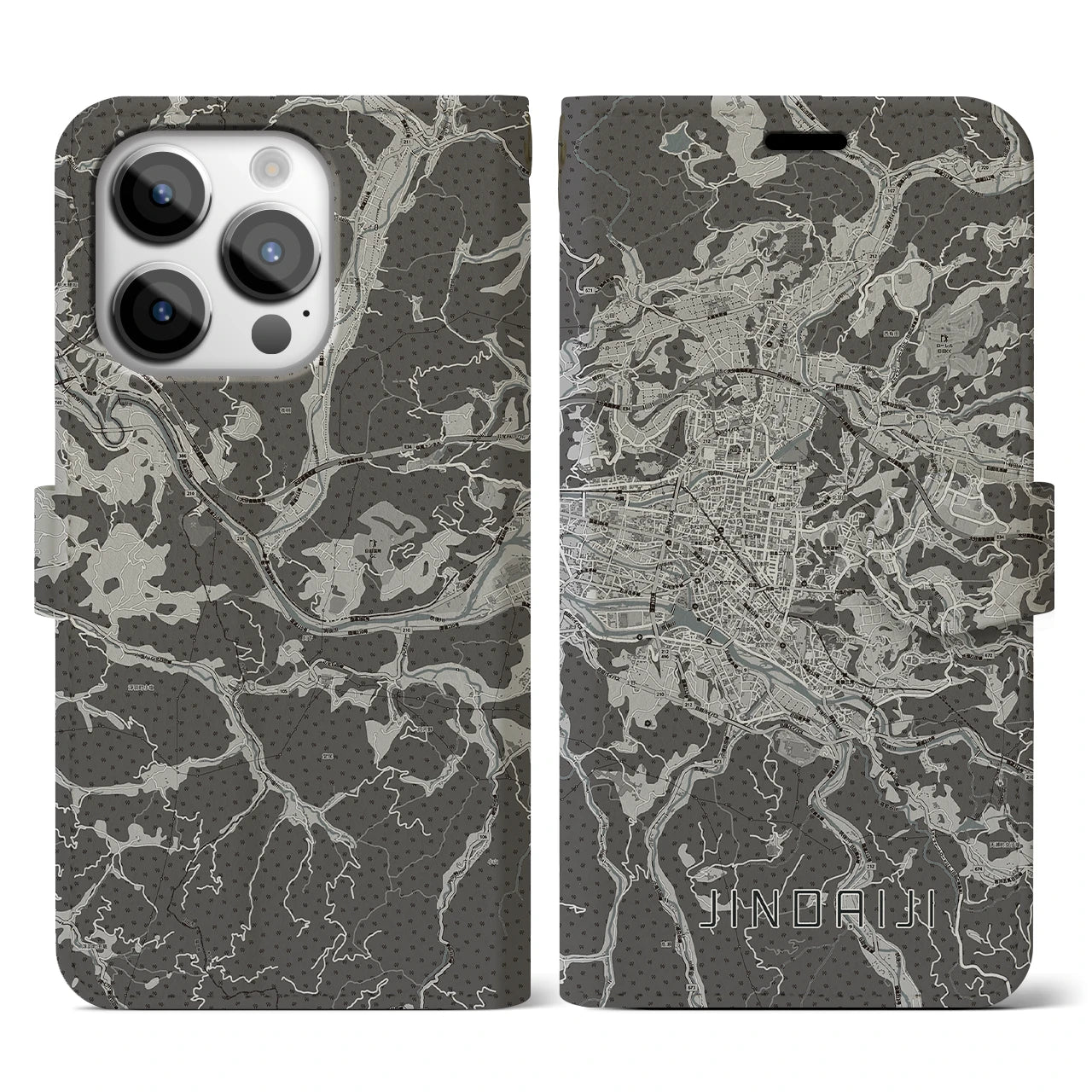 【日田2(大分県)】地図柄iPhoneケース(手帳タイプ)モノトーン・iPhone 14 Pro 用