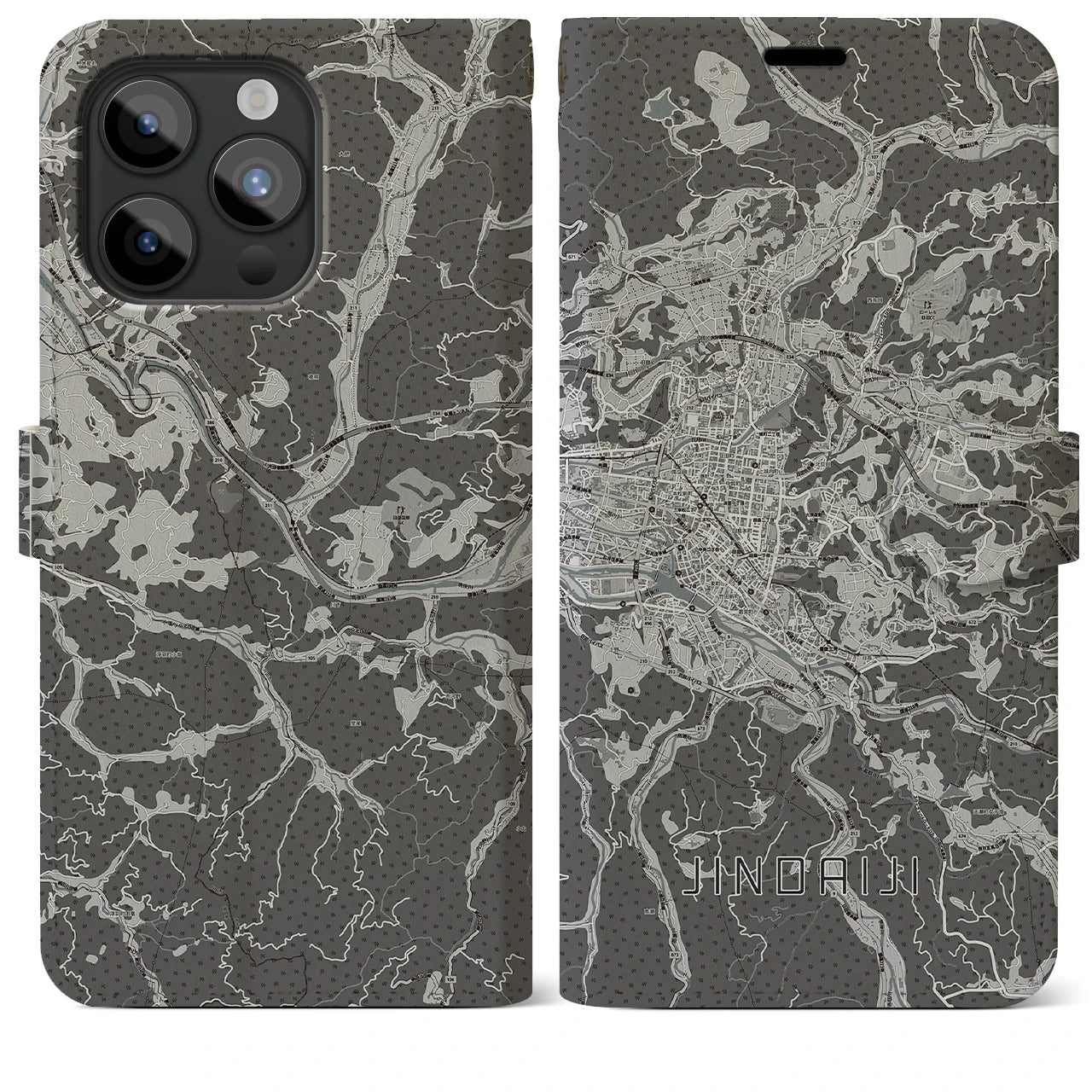 【日田2(大分県)】地図柄iPhoneケース(手帳タイプ)モノトーン・iPhone 15 Pro Max 用