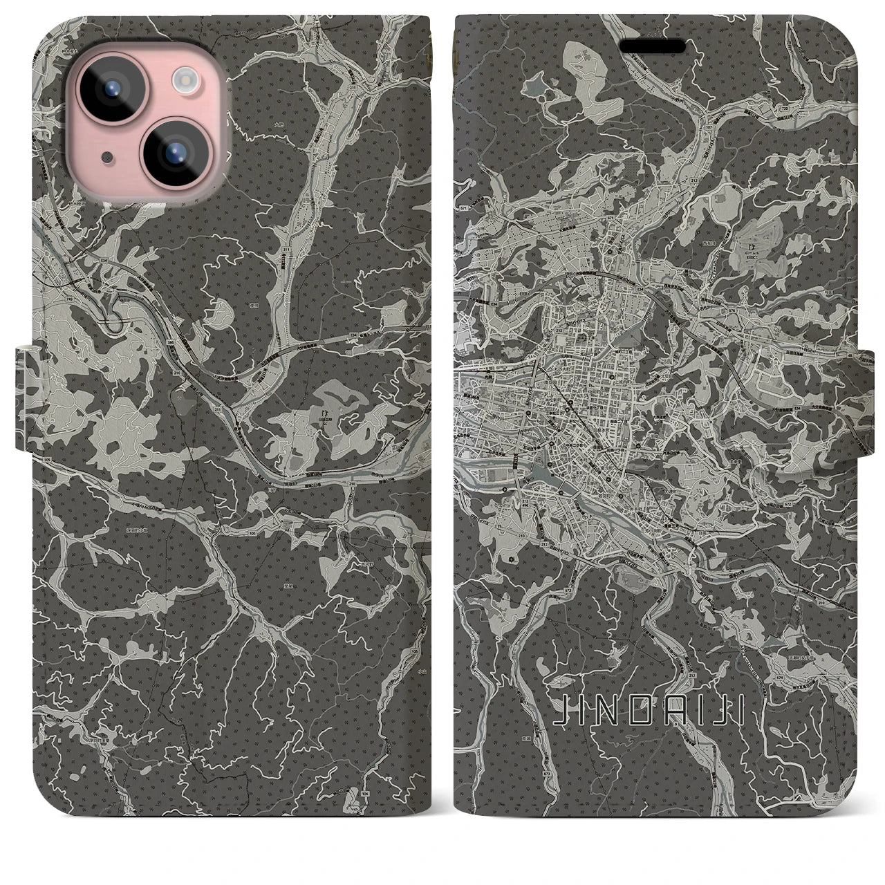 【日田2(大分県)】地図柄iPhoneケース(手帳タイプ)モノトーン・iPhone 15 Plus 用