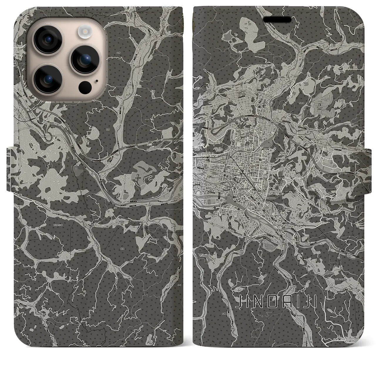 【日田2(大分県)】地図柄iPhoneケース(手帳タイプ)モノトーン・iPhone 16 Plus 用