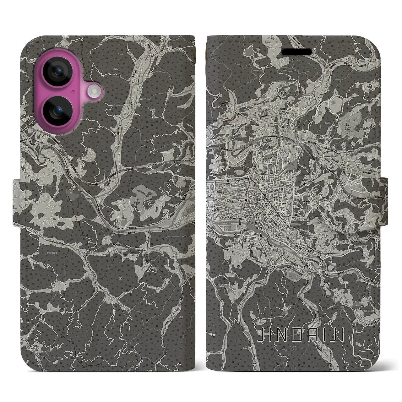 【日田2(大分県)】地図柄iPhoneケース(手帳タイプ)モノトーン・iPhone 16 Pro 用