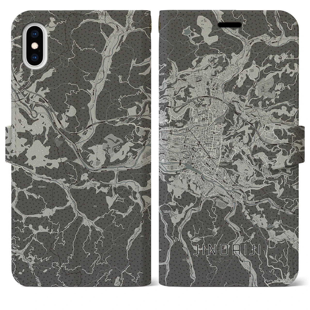 【日田2(大分県)】地図柄iPhoneケース(手帳タイプ)モノトーン・iPhone XS Max 用