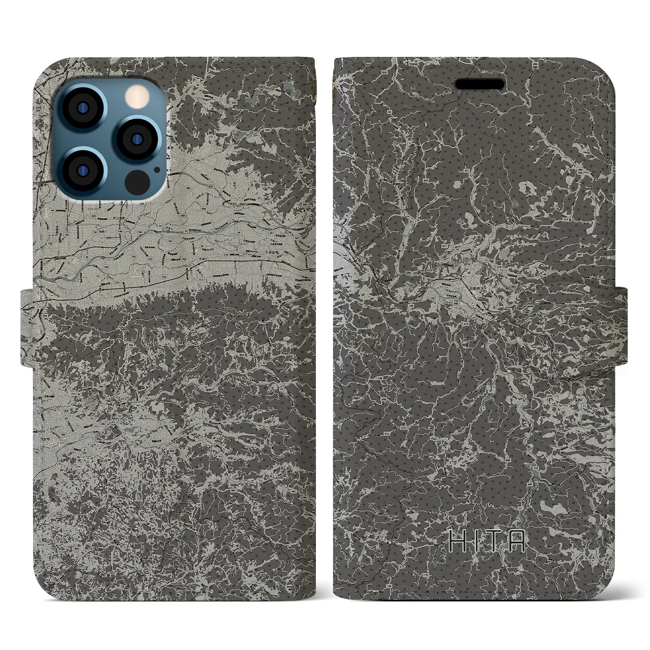 【日田(大分県)】地図柄iPhoneケース(手帳タイプ)モノトーン・iPhone 12 / 12 Pro 用