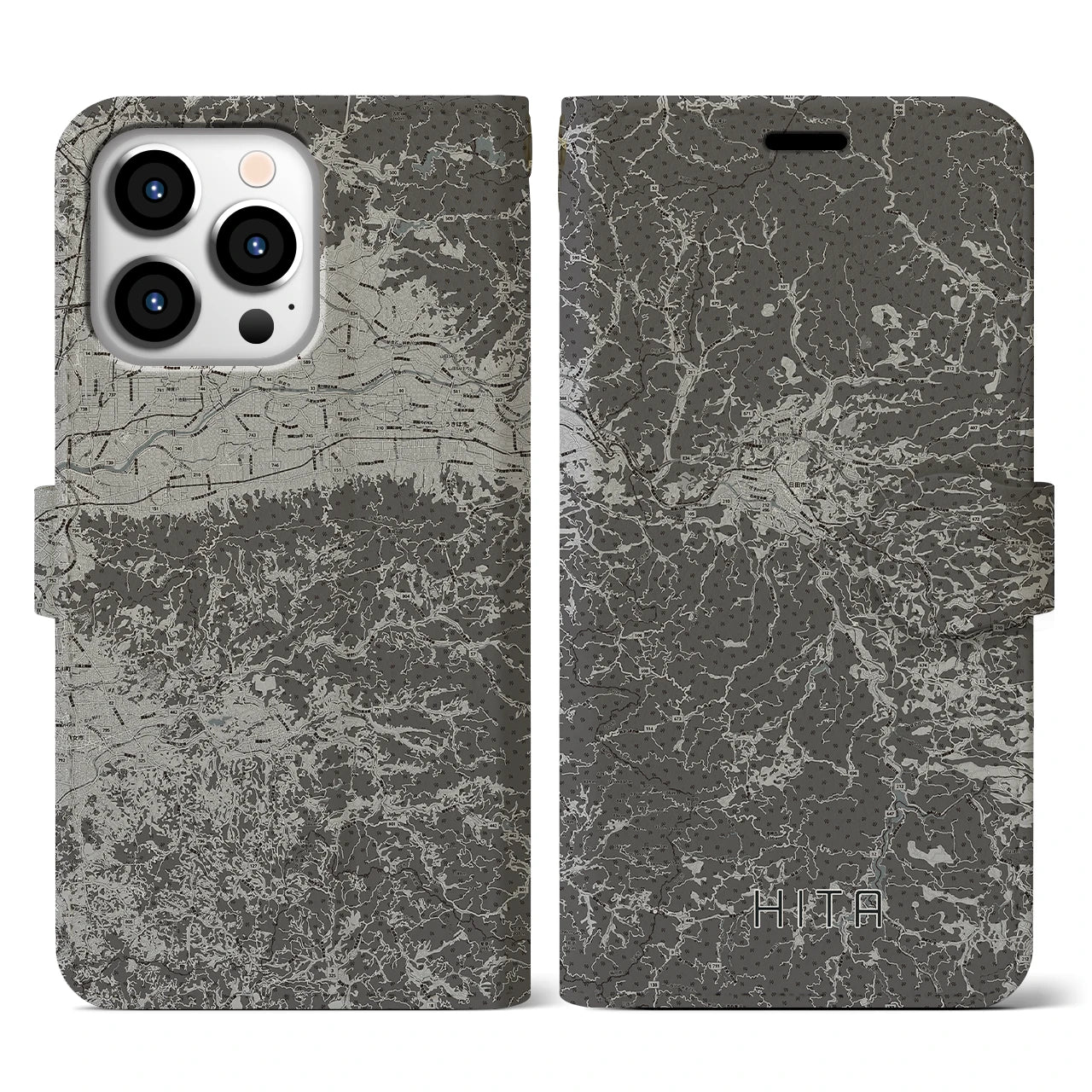 【日田(大分県)】地図柄iPhoneケース(手帳タイプ)モノトーン・iPhone 13 Pro 用