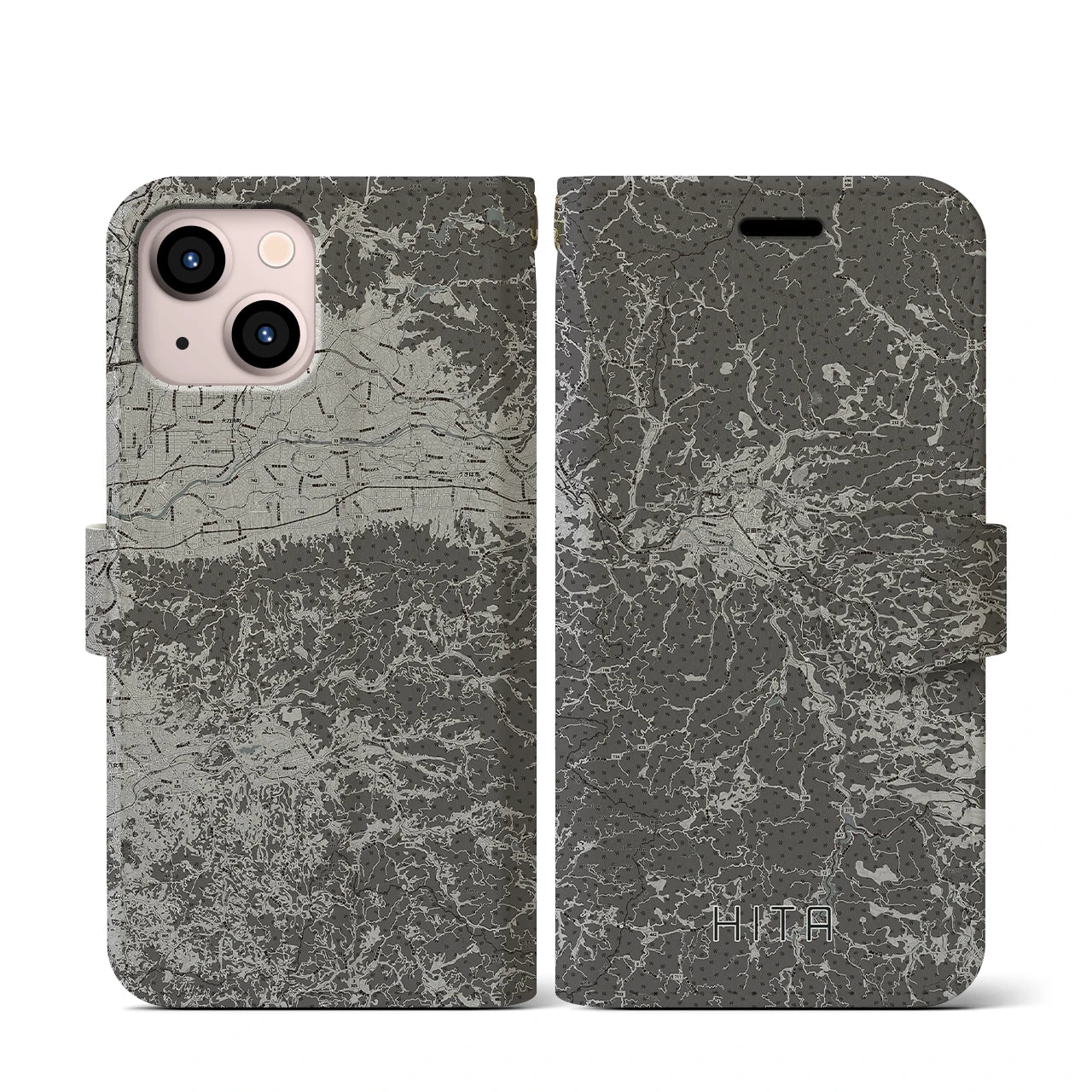 【日田(大分県)】地図柄iPhoneケース(手帳タイプ)モノトーン・iPhone 13 mini 用