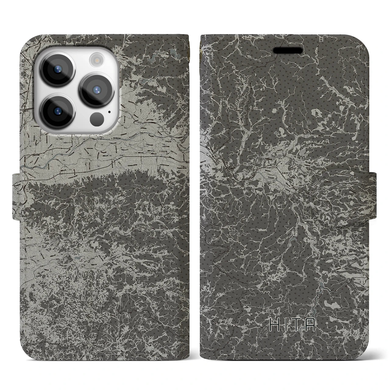 【日田(大分県)】地図柄iPhoneケース(手帳タイプ)モノトーン・iPhone 14 Pro 用