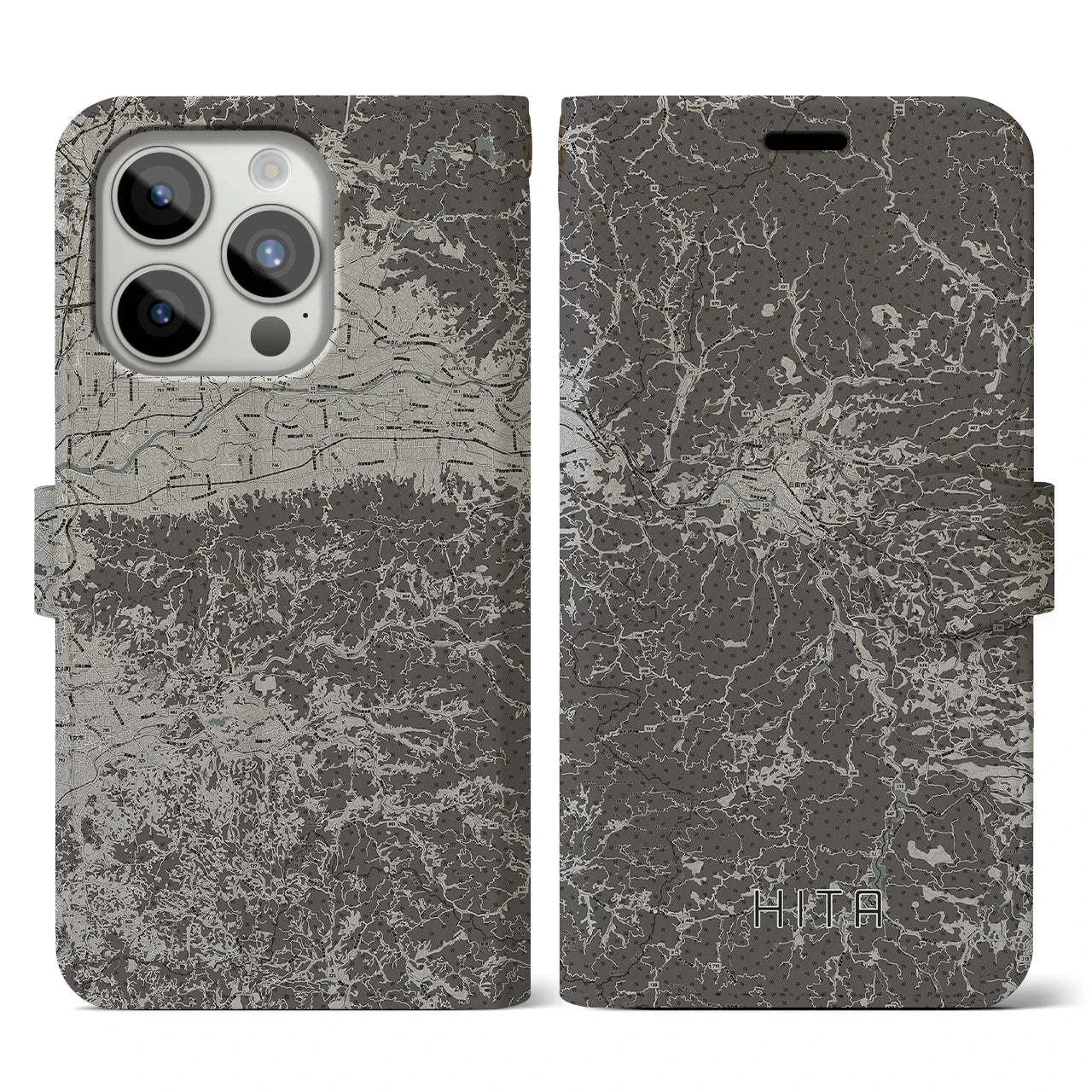 【日田(大分県)】地図柄iPhoneケース(手帳タイプ)モノトーン・iPhone 15 Pro 用