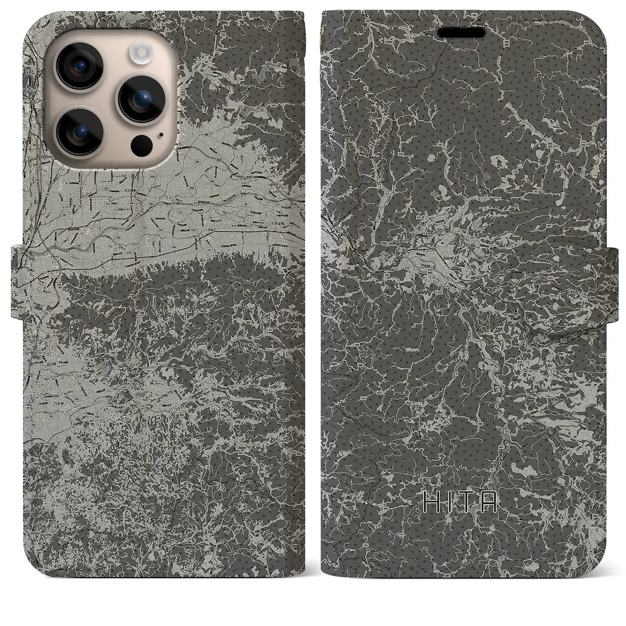 【日田(大分県)】地図柄iPhoneケース(手帳タイプ)モノトーン・iPhone 16 Plus 用