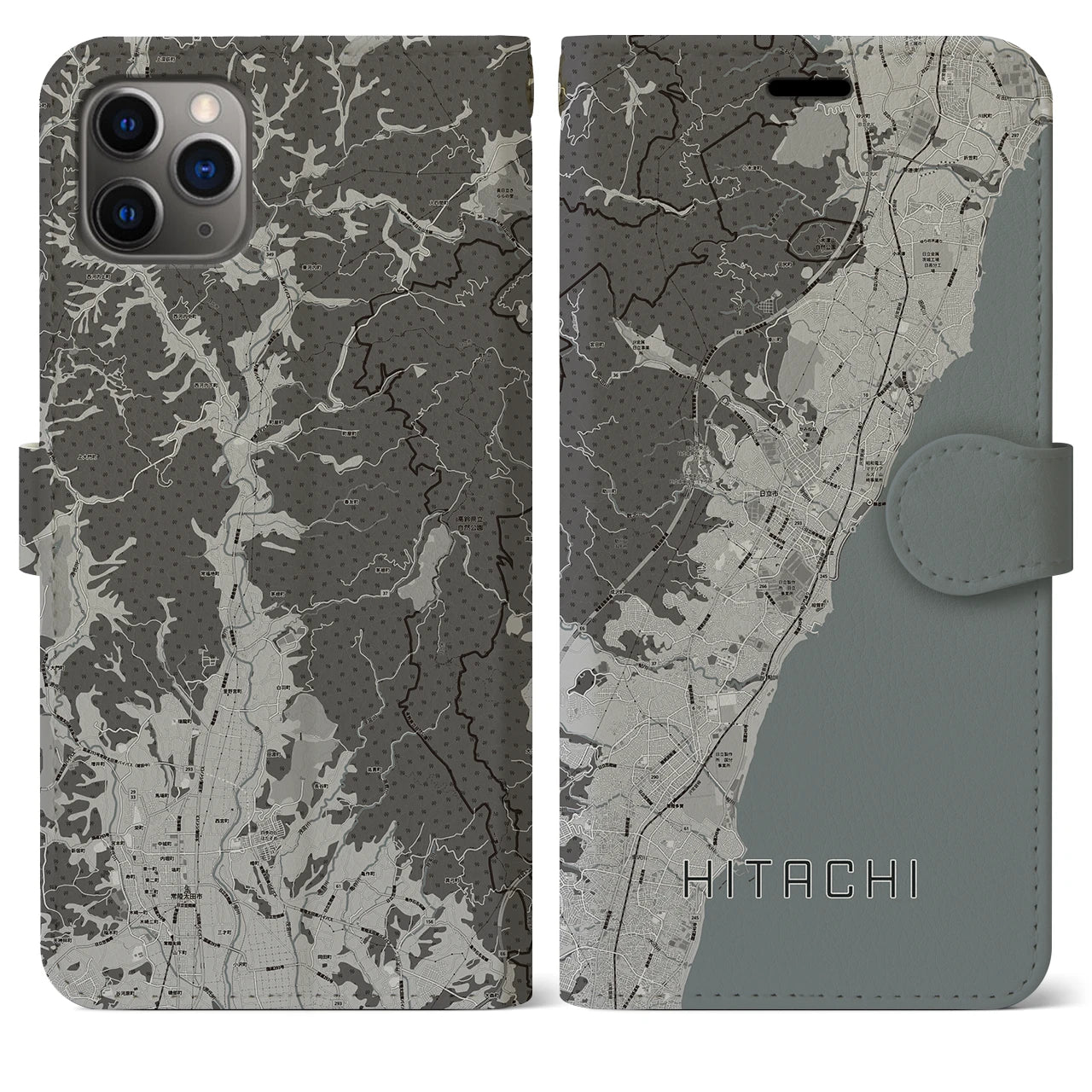 【日立(茨城県)】地図柄iPhoneケース(手帳タイプ)モノトーン・iPhone 11 Pro Max 用