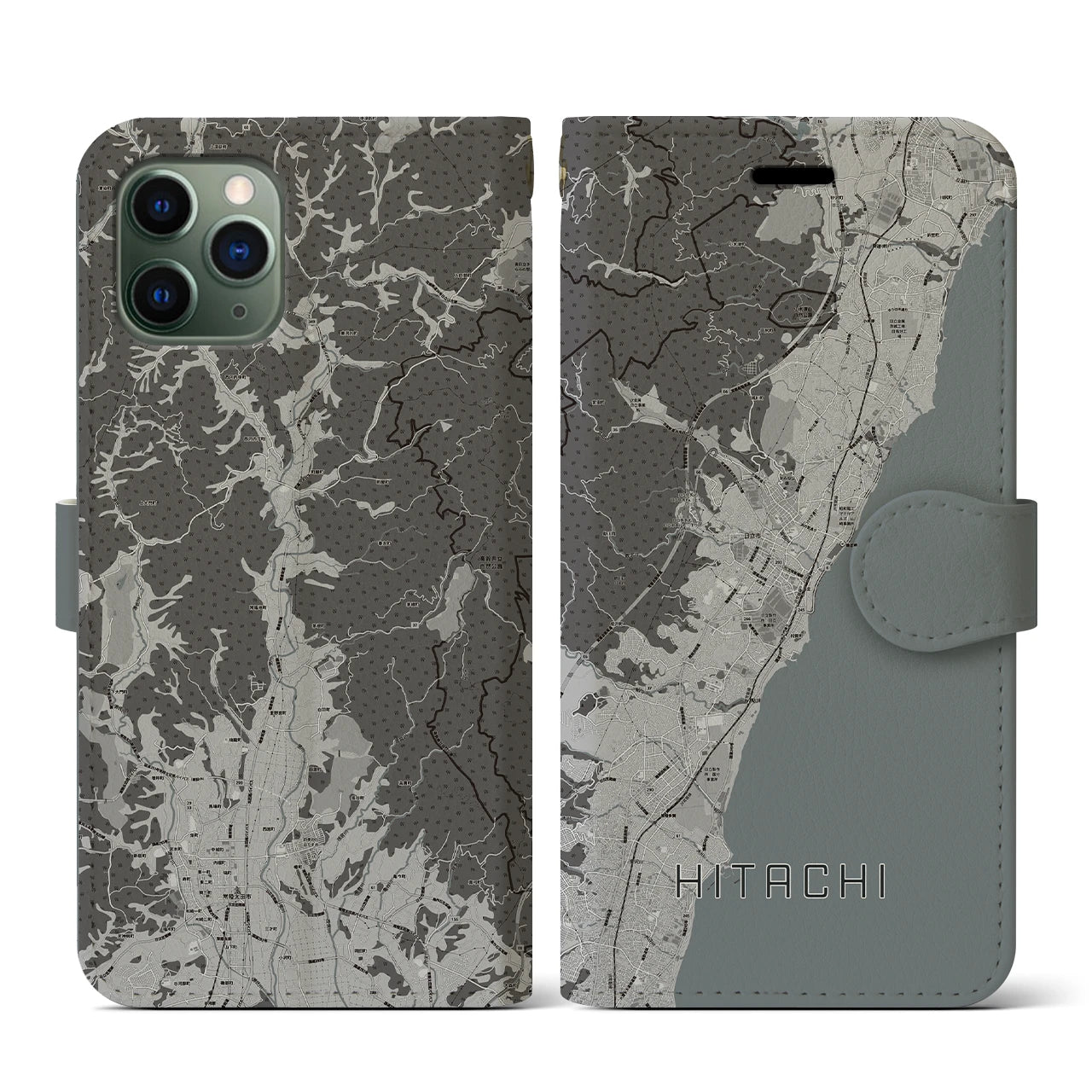 【日立(茨城県)】地図柄iPhoneケース(手帳タイプ)モノトーン・iPhone 11 Pro 用