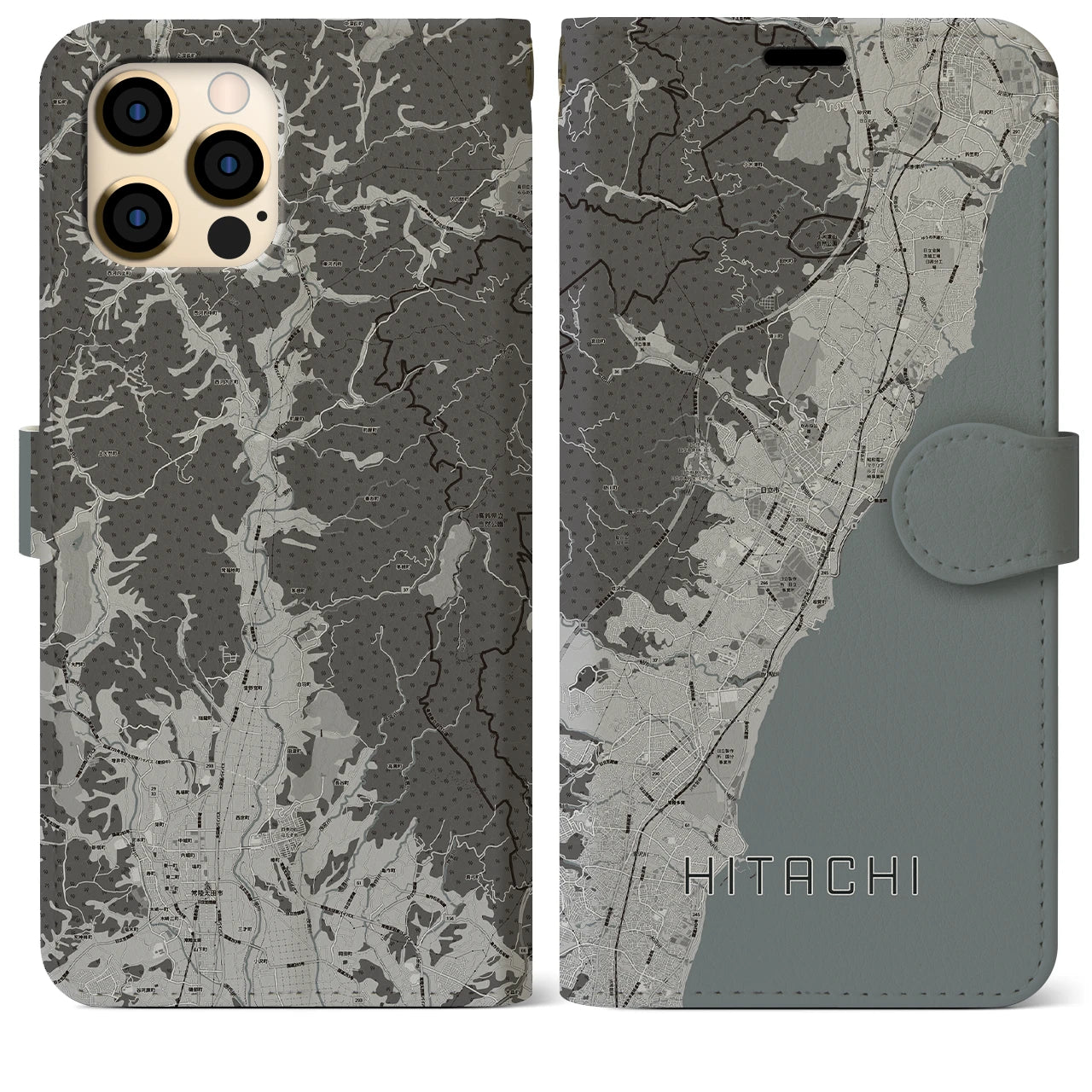 【日立(茨城県)】地図柄iPhoneケース(手帳タイプ)モノトーン・iPhone 12 Pro Max 用