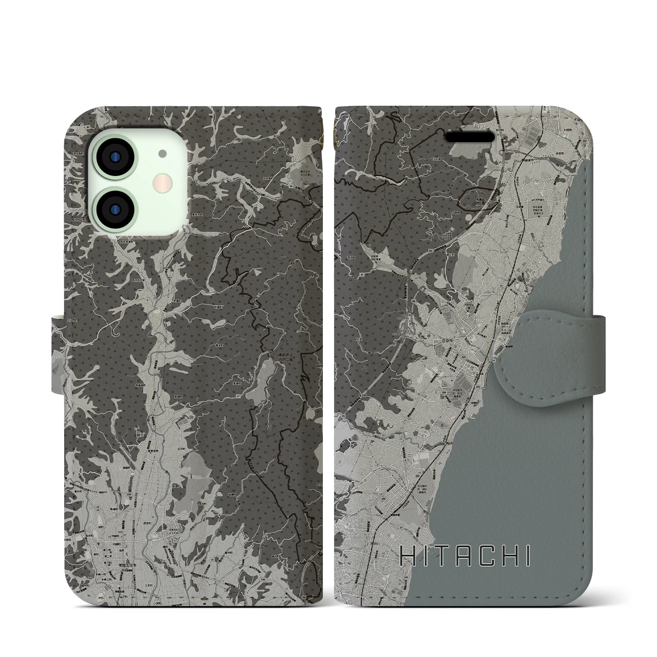 【日立(茨城県)】地図柄iPhoneケース(手帳タイプ)モノトーン・iPhone 12 mini 用