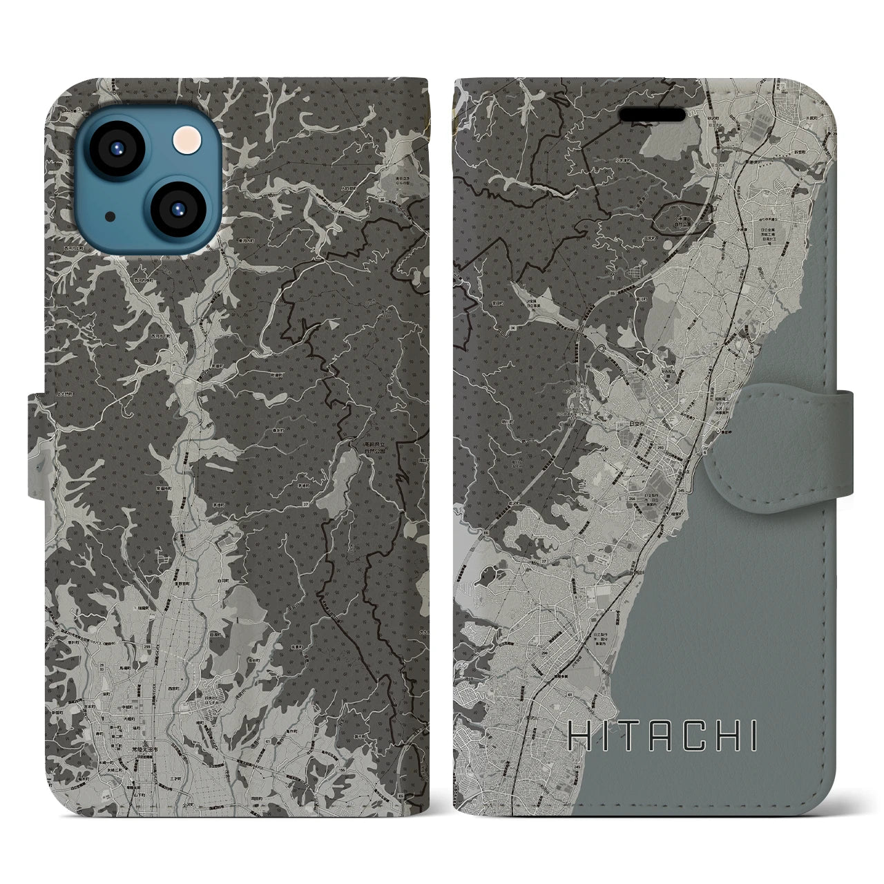 【日立(茨城県)】地図柄iPhoneケース(手帳タイプ)モノトーン・iPhone 13 用