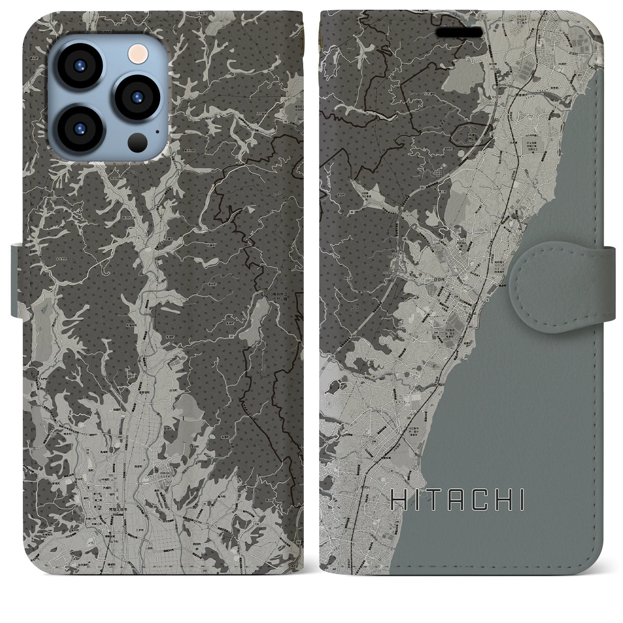 【日立(茨城県)】地図柄iPhoneケース(手帳タイプ)モノトーン・iPhone 13 Pro Max 用