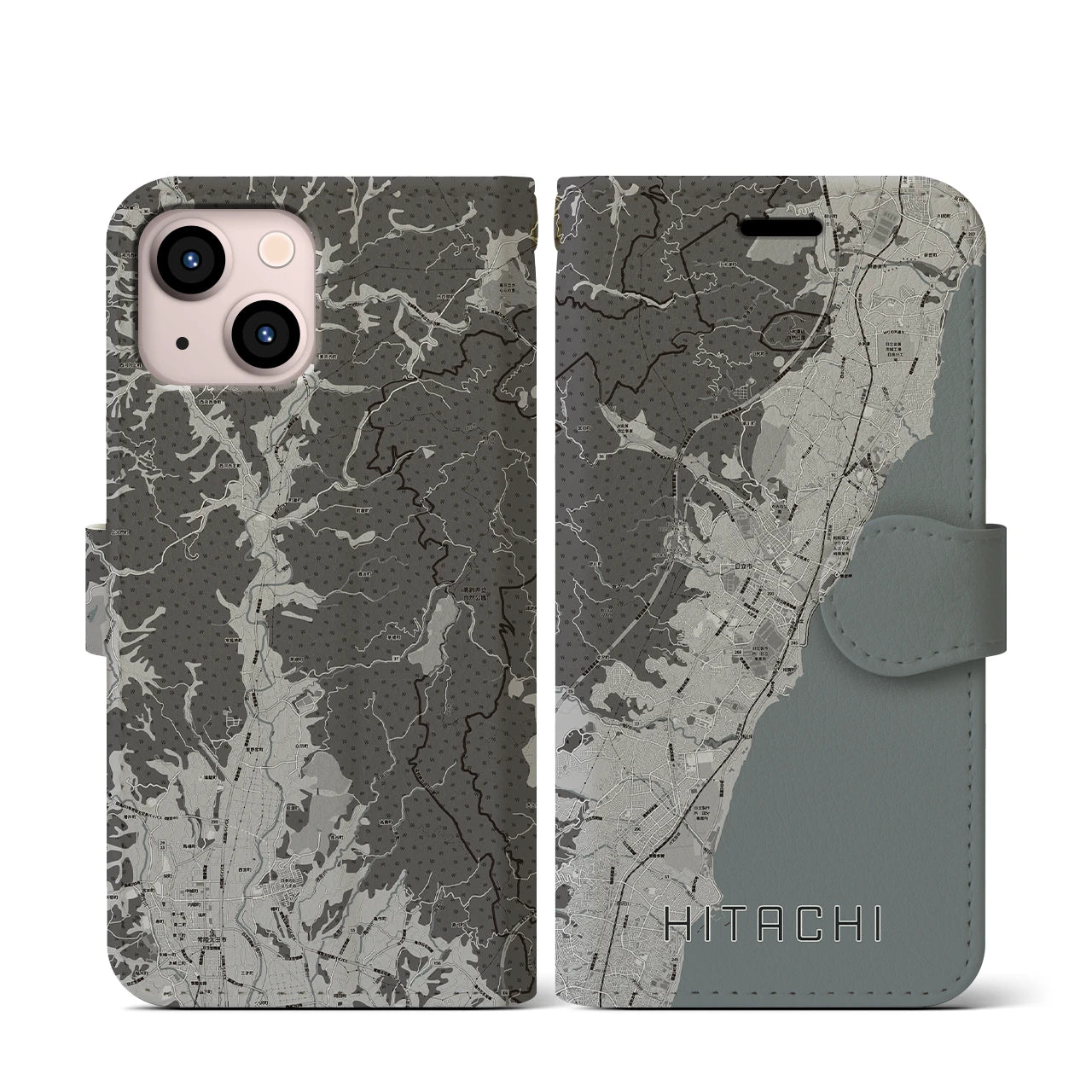 【日立(茨城県)】地図柄iPhoneケース(手帳タイプ)モノトーン・iPhone 13 mini 用