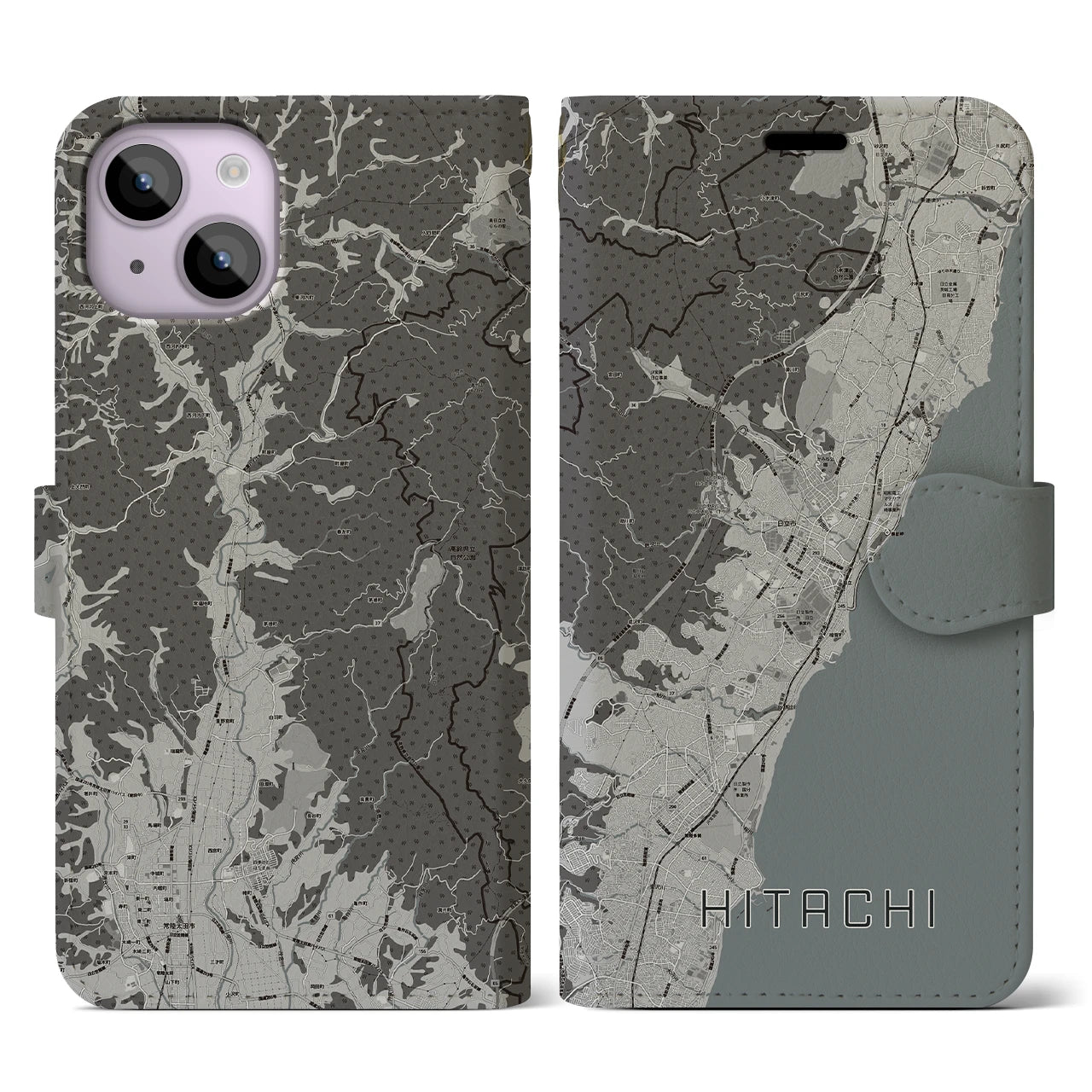【日立(茨城県)】地図柄iPhoneケース(手帳タイプ)モノトーン・iPhone 14 用