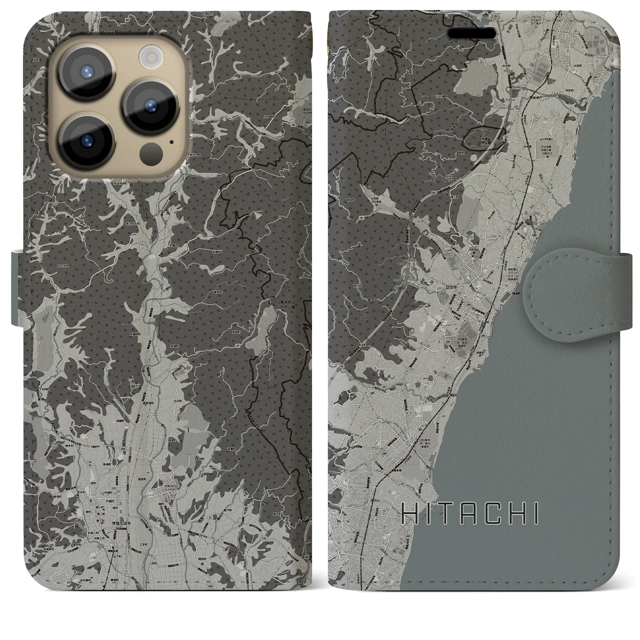 【日立(茨城県)】地図柄iPhoneケース(手帳タイプ)モノトーン・iPhone 14 Pro Max 用