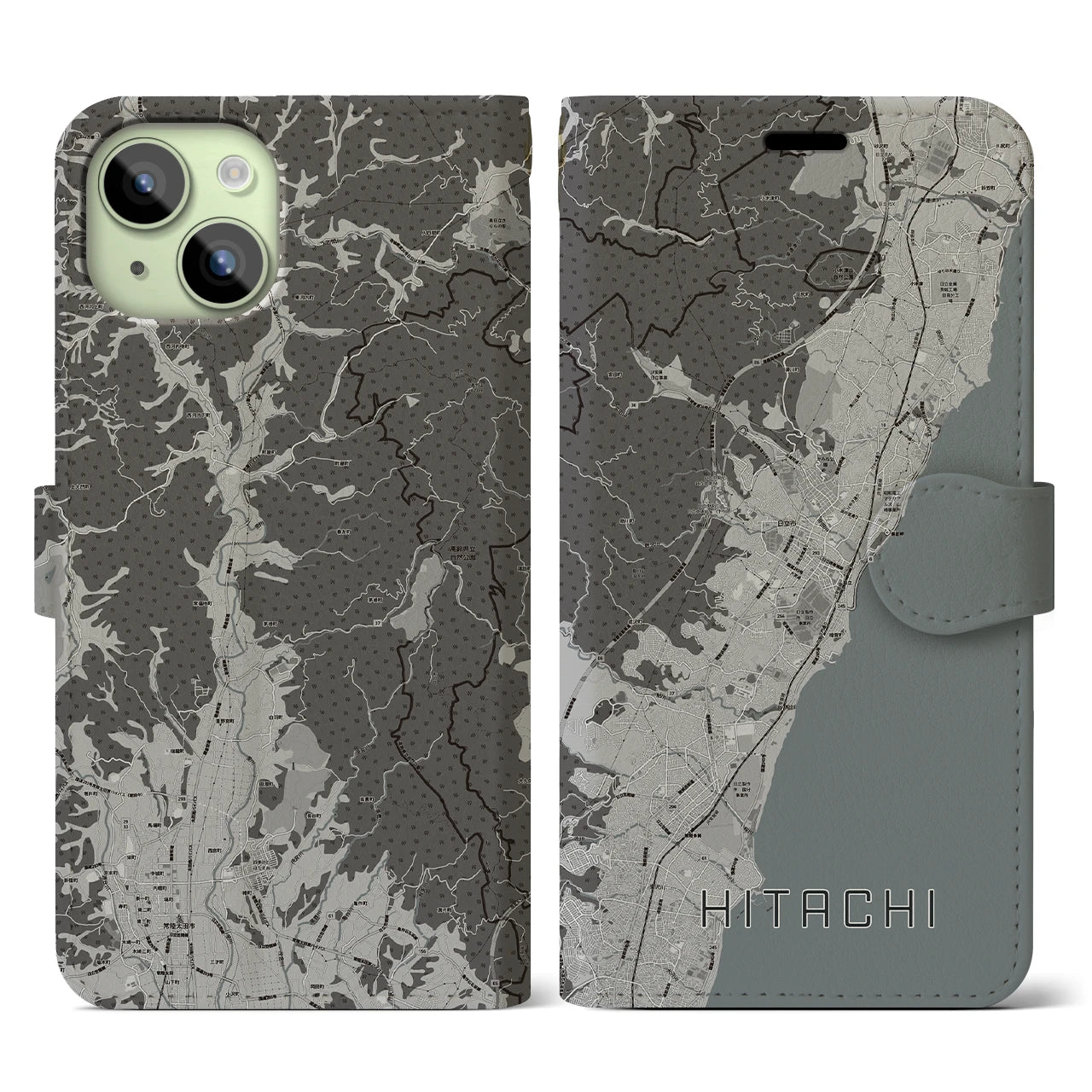 【日立(茨城県)】地図柄iPhoneケース(手帳タイプ)モノトーン・iPhone 15 用