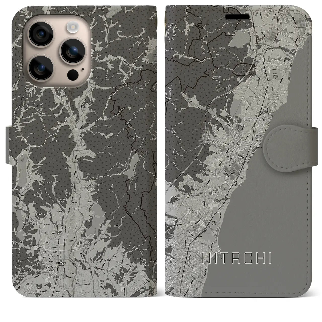 【日立(茨城県)】地図柄iPhoneケース(手帳タイプ)モノトーン・iPhone 16 Plus 用