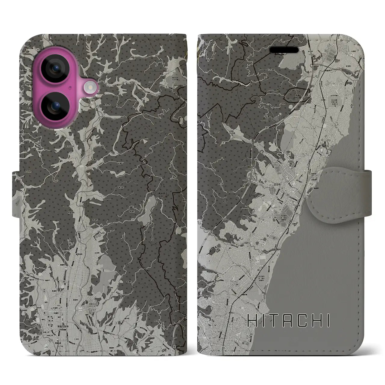 【日立(茨城県)】地図柄iPhoneケース(手帳タイプ)モノトーン・iPhone 16 Pro 用