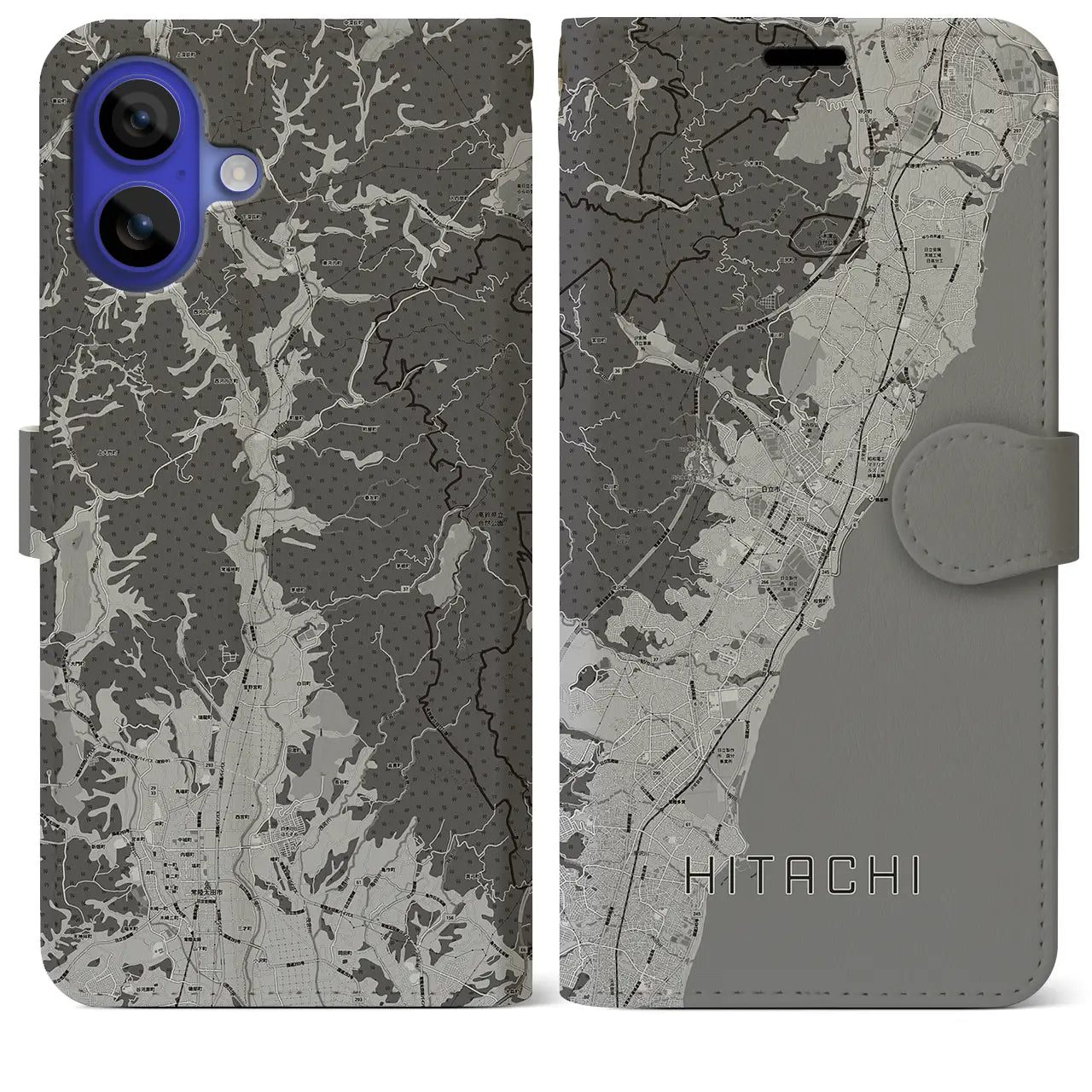 【日立(茨城県)】地図柄iPhoneケース(手帳タイプ)モノトーン・iPhone 16 Pro Max 用