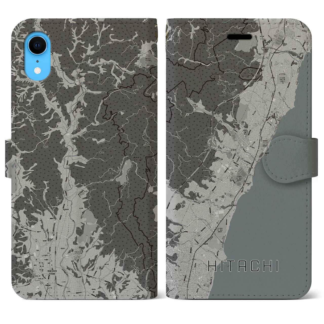 【日立(茨城県)】地図柄iPhoneケース(手帳タイプ)モノトーン・iPhone XR 用