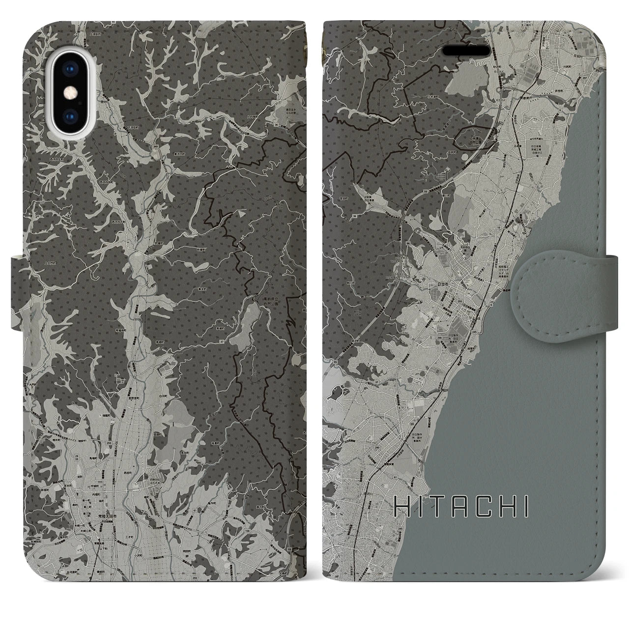 【日立(茨城県)】地図柄iPhoneケース(手帳タイプ)モノトーン・iPhone XS Max 用
