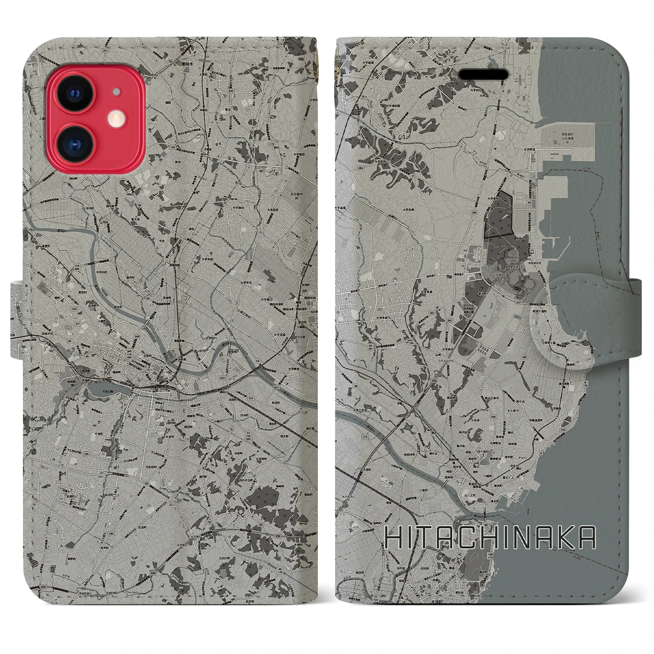 【ひたちなか(茨城県)】地図柄iPhoneケース(手帳タイプ)モノトーン・iPhone 11 用