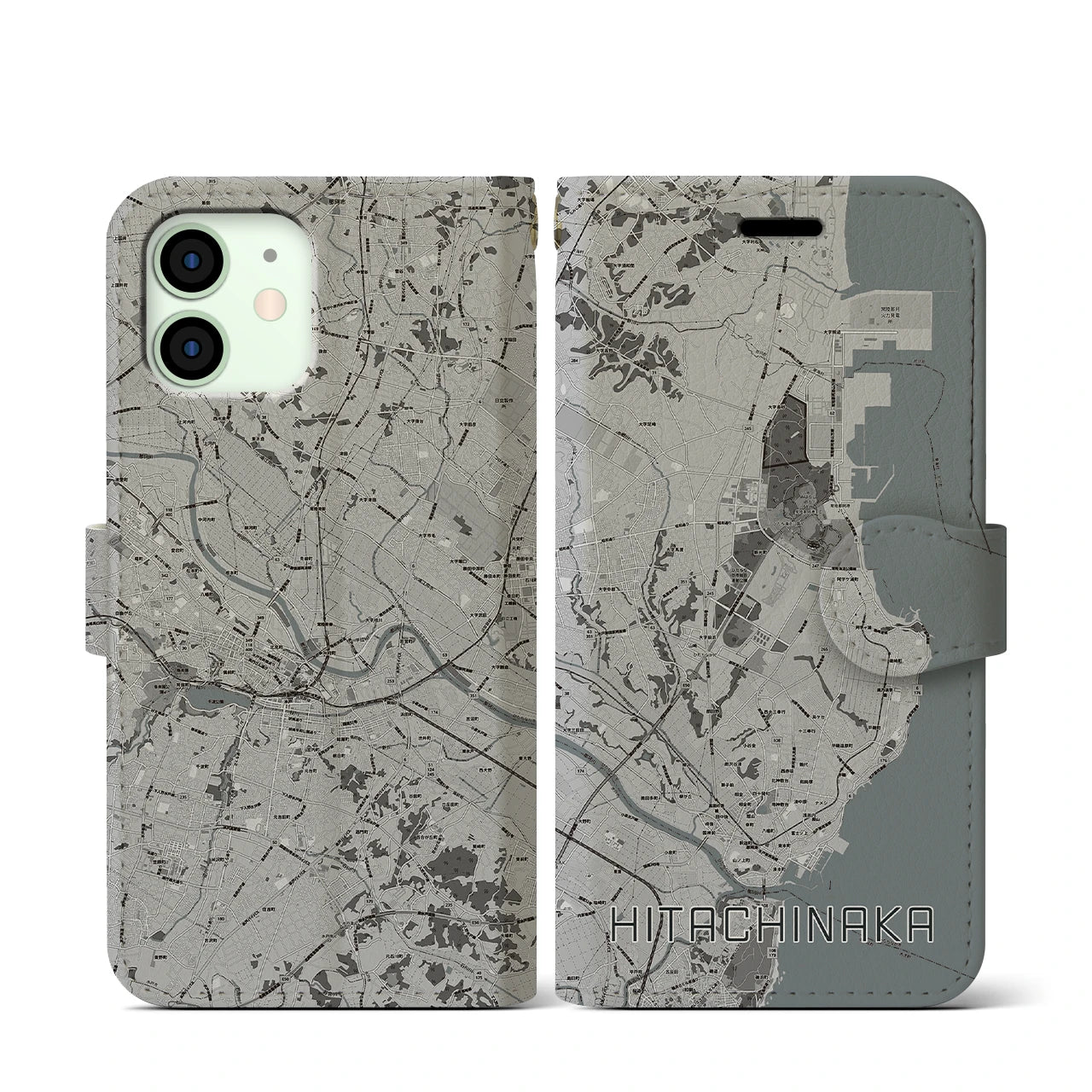 【ひたちなか(茨城県)】地図柄iPhoneケース(手帳タイプ)モノトーン・iPhone 12 mini 用