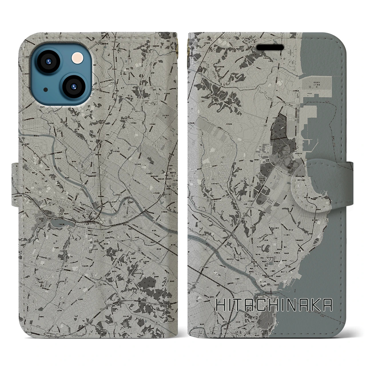 【ひたちなか(茨城県)】地図柄iPhoneケース(手帳タイプ)モノトーン・iPhone 13 用